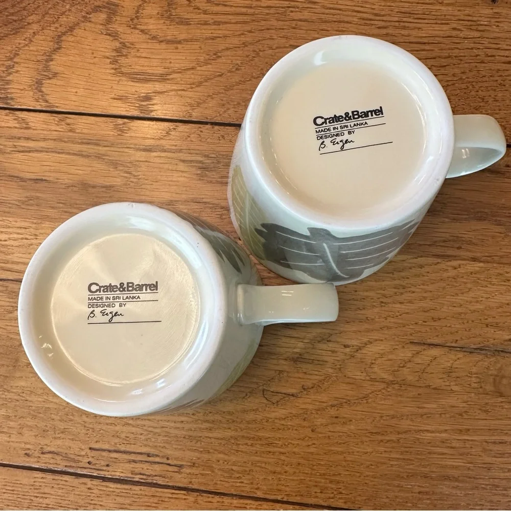 2 Crate & Barrel by Barbara Eigen Ivory Mugs With Painted Leaves 3” High